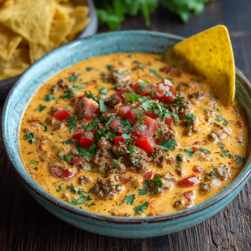 A bowl of Velveeta Rotel dip made in the crockpot, ready to be served with tortilla chips.