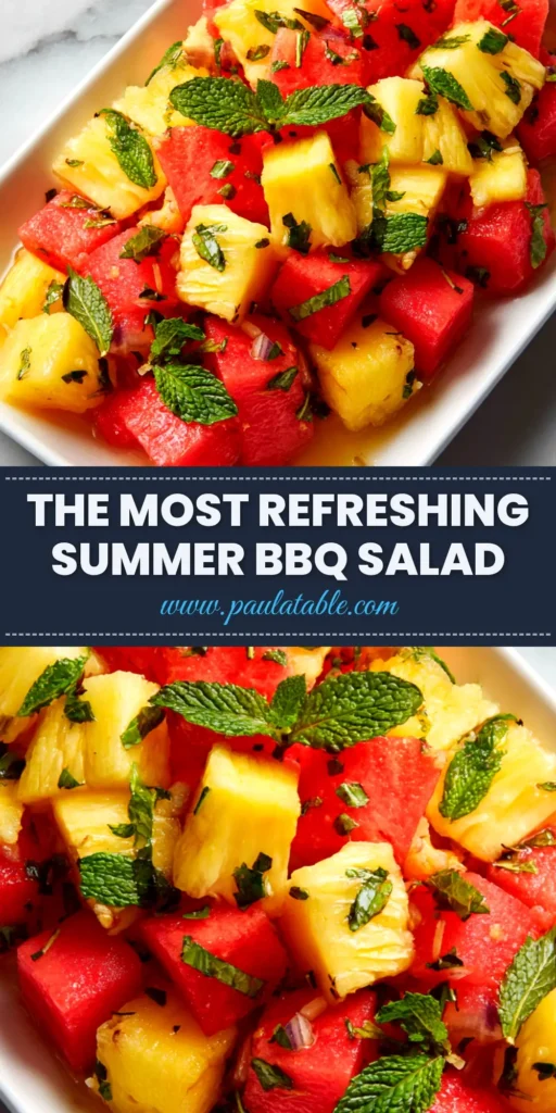 A top-down view of a vibrant Watermelon Pineapple Salad in a white bowl, garnished with fresh mint. The perfect healthy summer fruit salad recipe.