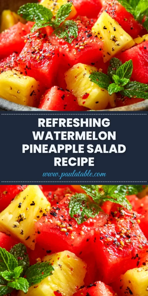 A vibrant Watermelon Pineapple Salad in a white bowl, garnished with fresh mint. The perfect refreshing summer fruit salad recipe.