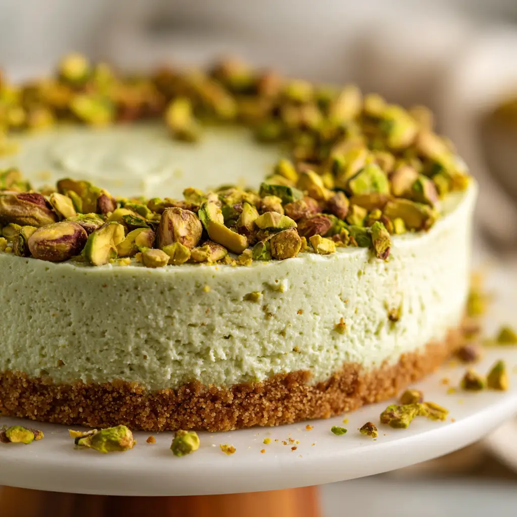 No-Bake Pistachio Cheesecake (Creamy & Easy Recipe) 2 A whole uncut no-bake pistachio cheesecake sitting on a cake stand, ready to be served. Its pale green filling contrasts beautifully with the crust.