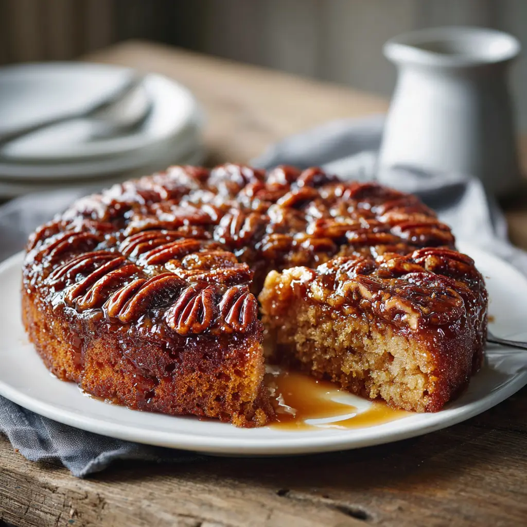 Pecan Upside Down Cake (The Ultimate No-Fail Recipe) 2 A whole homemade pecan upside down cake fresh from the oven, with a rich caramel pecan glaze dripping down the sides.