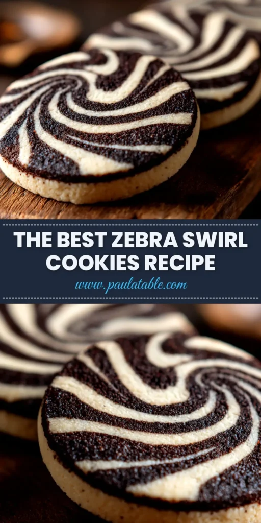 Zebra Cookies Recipe (That's Actually Easy!) 3 A shareable pin image for the Zebra Cookies Recipe, showing a stack of black and white striped cookies with clear, easy-to-read text overlay.