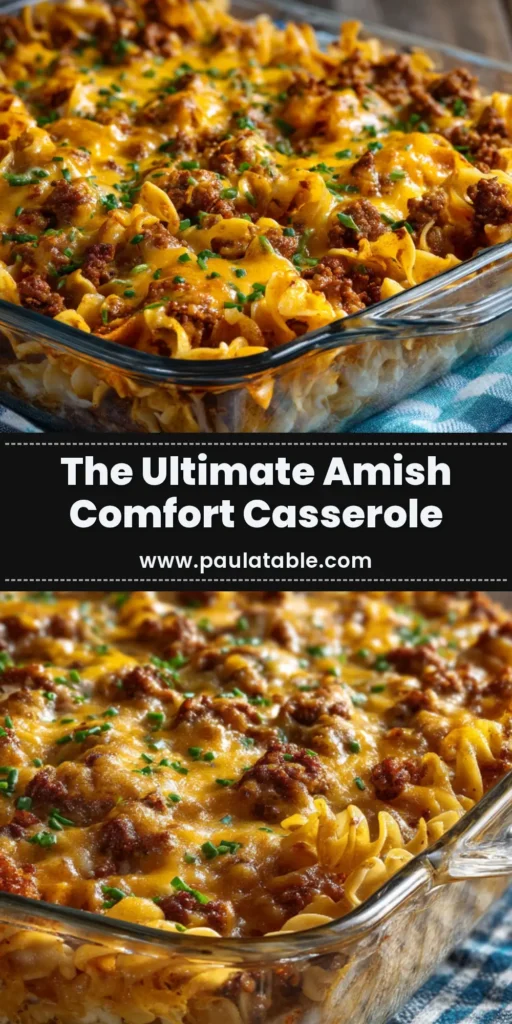 A delicious and cheesy Amish Casserole in a white baking dish, with a serving scooped out. This hearty ground beef and noodle casserole is the ultimate comfort food.