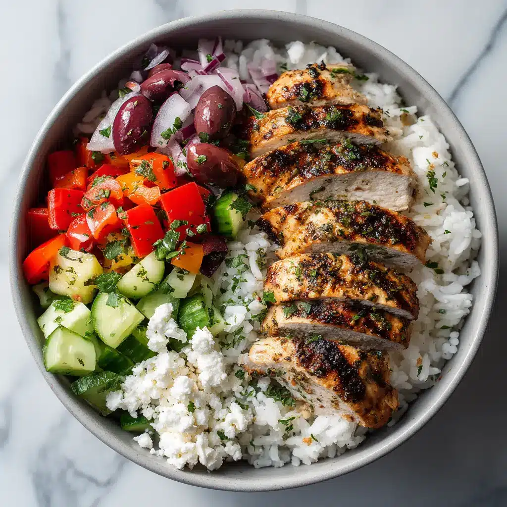 Mediterranean Chicken Bowl: The Ultimate Healthy & Flavorful Recipe 1 A fully assembled Greek chicken bowl ready to be eaten, showcasing the colorful layers of quinoa, vegetables, chicken, and sauce.
