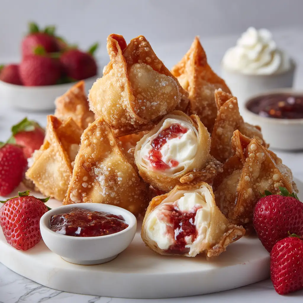 The process of filling wonton wrappers with creamy cheesecake and strawberry filling before folding.