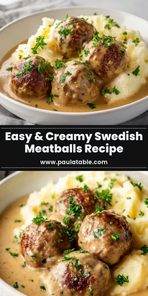 Swedish Meatballs Recipe (Authentic & Easy) 3 A top-down view of a bowl of authentic Swedish Meatballs Recipe, smothered in creamy gravy and garnished with fresh parsley, ready to be served.