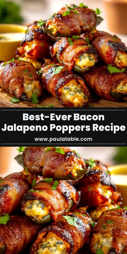 A platter of perfectly cooked Bacon-Wrapped Jalapeno Poppers, with crispy bacon and melted cheese, ready to be served as a delicious party appetizer.