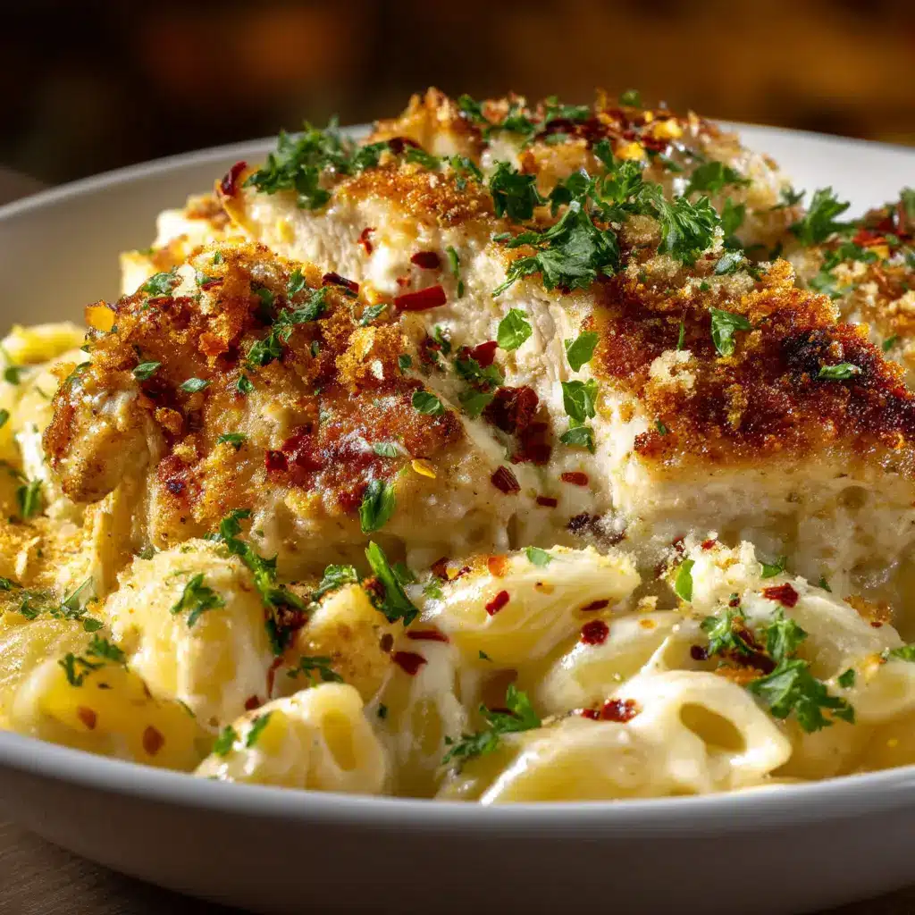 Baked Chicken Mac and Cheese: The Ultimate Creamy Casserole 1 The full 9x13-inch baking dish of chicken mac and cheese fresh out of the oven, with a bubbly sauce and a perfectly golden brown, crunchy topping.