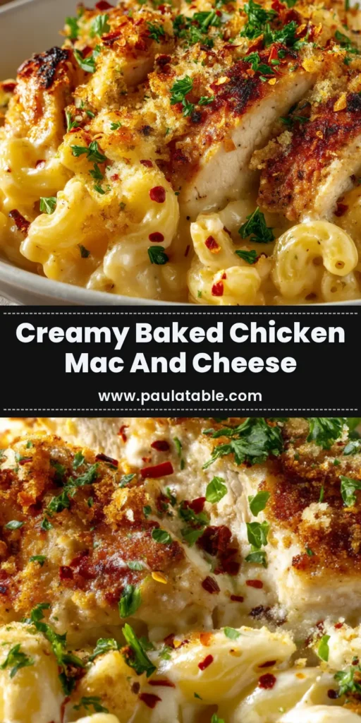 Baked Chicken Mac and Cheese: The Ultimate Creamy Casserole 3 A scoop of creamy baked chicken mac and cheese being lifted from a casserole dish, showing a cheesy, stringy pull. The top is golden brown and crunchy.