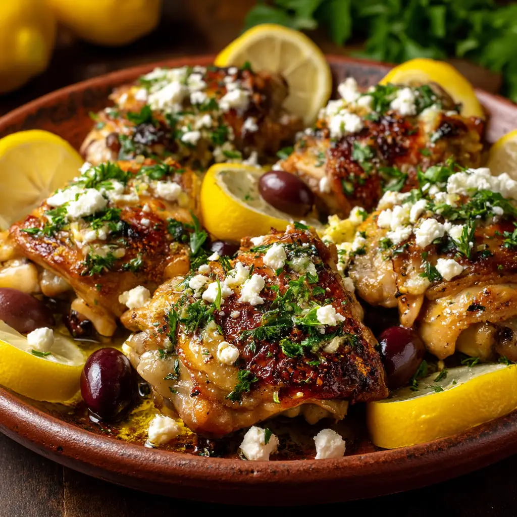 Greek Chicken Recipe: Juicy, Flavorful & Easy 2 A close-up of baked Greek chicken breast, golden and glistening, garnished with crumbled feta cheese and fresh herbs in a white dish.