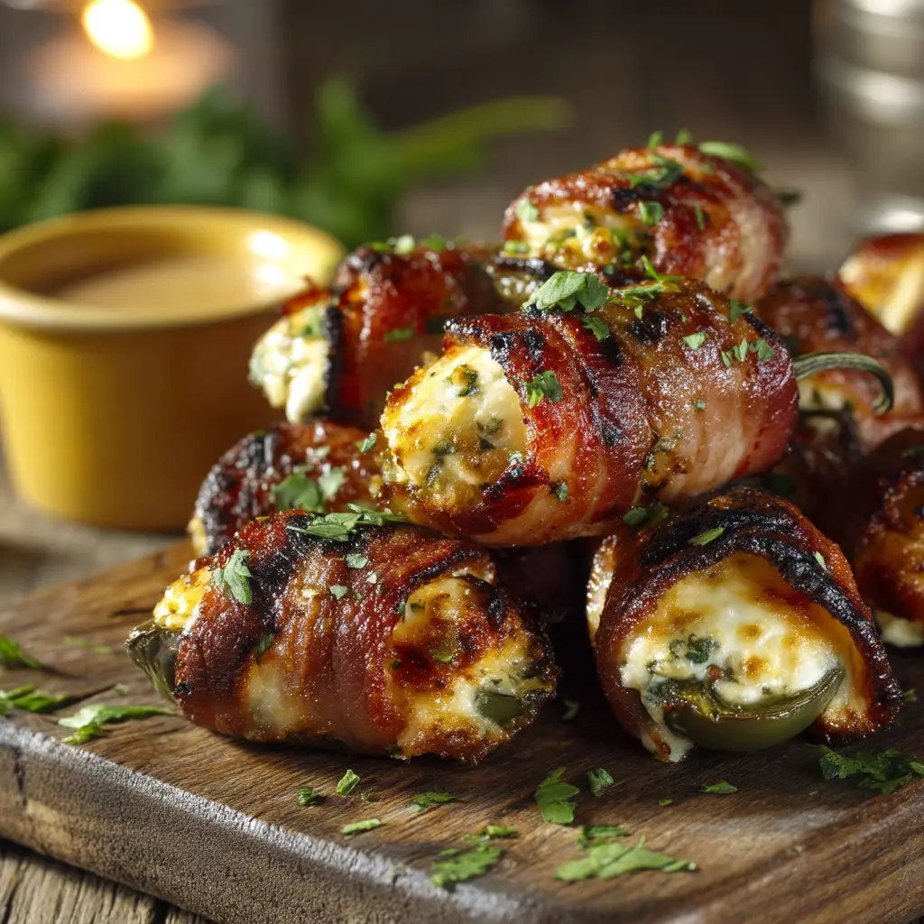 Baked bacon-wrapped jalapeno poppers fresh out of the oven, with bubbling cheese and perfectly crispy bacon on a baking sheet.