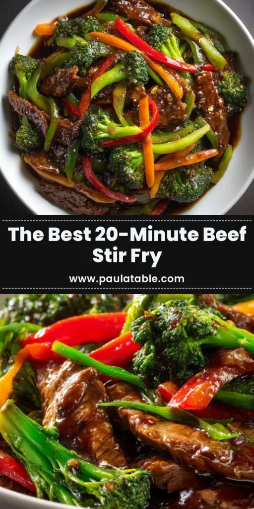 Beef Stir Fry Recipe: The Ultimate 30-Minute Weeknight Meal 3 A vibrant and savory beef stir fry recipe plated in a white bowl, showcasing tender beef, broccoli, and red peppers in a glossy sauce. The perfect quick weeknight dinner idea.