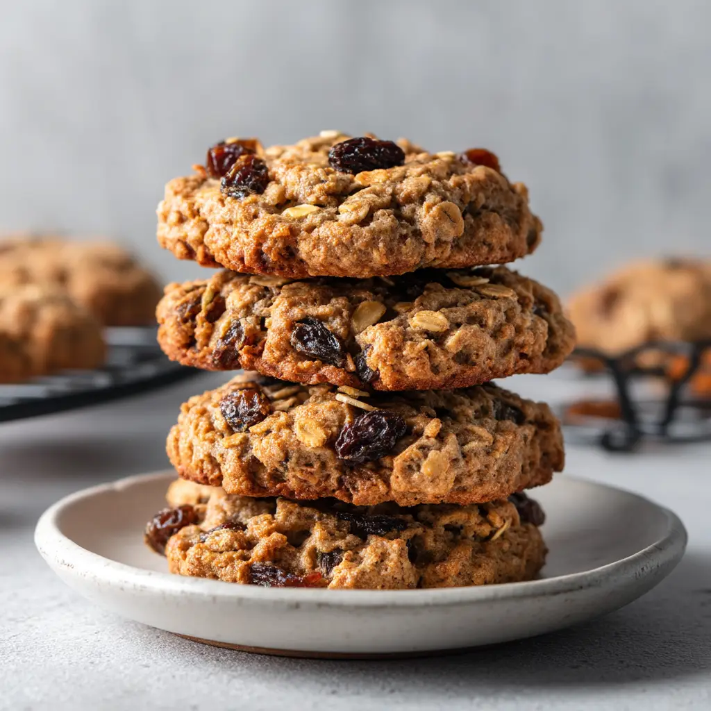An overhead view of chewy oatmeal raisin cookies scattered on a baking sheet, with one cookie broken in half to show the soft interior.