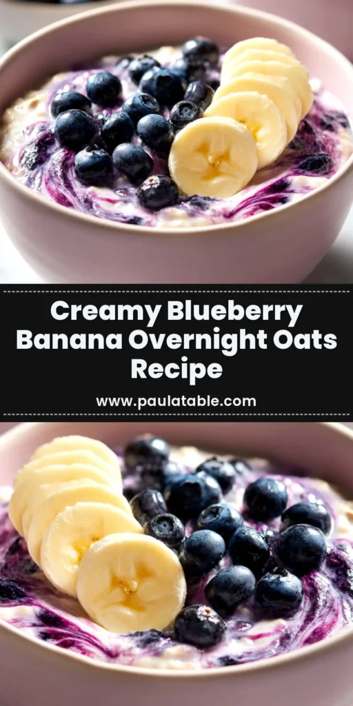 A jar of creamy Blueberry Banana Overnight Oats topped with fresh blueberries and banana slices, shown with a spoon ready to eat. A perfect healthy make-ahead breakfast.