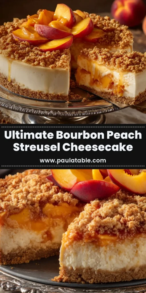 A stunning slice of Bourbon Peach Streusel Cheesecake on a white plate, showcasing layers of graham cracker crust, creamy filling, peach topping, and a crunchy streusel.