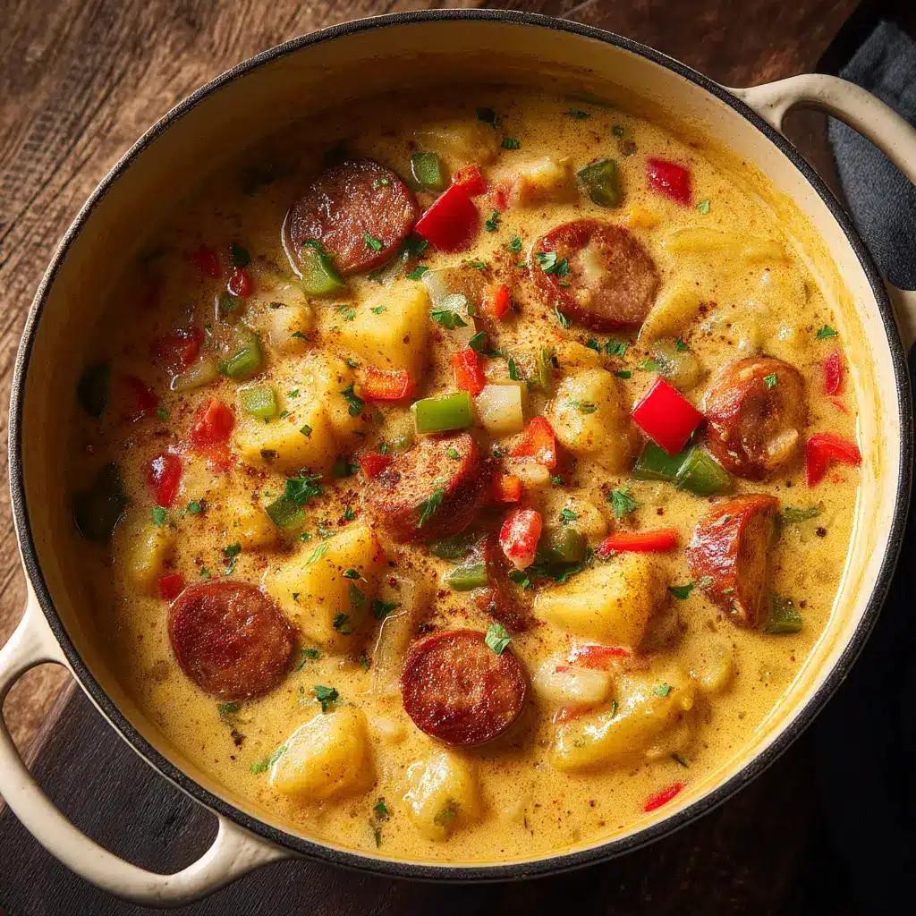 Cajun Potato Soup (The Easiest, Creamiest Recipe!) 2 A close-up, top-down view of a rustic bowl of creamy Cajun potato soup, highlighting the chunks of potato and sausage.