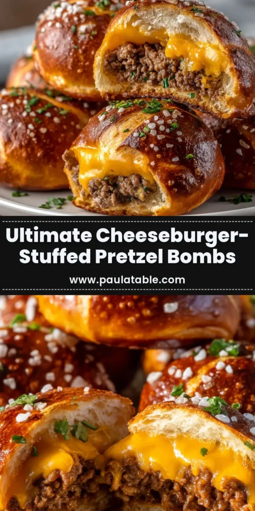 A tray of golden-brown, homemade Cheeseburger Pretzel Bombs, sprinkled with coarse salt and ready to be served as the perfect game day appetizer.