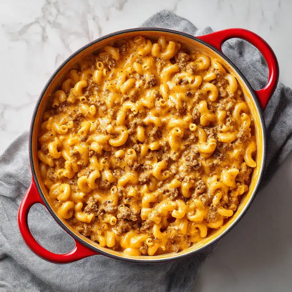 Homemade Hamburger Helper (Better Than the Box!) 2 An overhead close-up shot of the cheesy beef pasta skillet, highlighting the creamy sauce and tender macaroni. A key step in making the best Homemade Hamburger Helper.