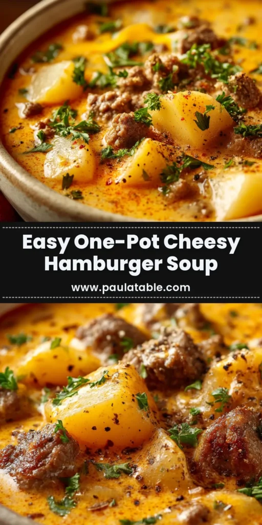 Cheesy Hamburger Potato Soup (The Ultimate Comfort Meal) 3 A delicious bowl of creamy Cheesy Hamburger Potato Soup, garnished with fresh chives and extra cheddar cheese. The perfect hearty comfort food recipe.
