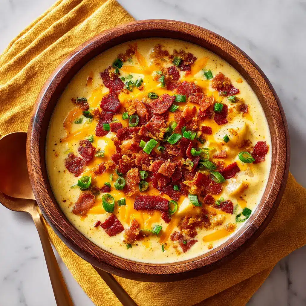 A close-up shot of a spoonful of cheesy potato soup, showing the thick texture with chunks of potato and melted cheese.