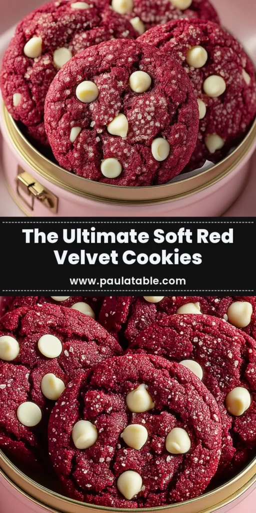A stack of vibrant, chewy Red Velvet Cookies with white chocolate chips. One cookie is broken in half showing the soft, rich red interior. The ultimate from-scratch recipe.