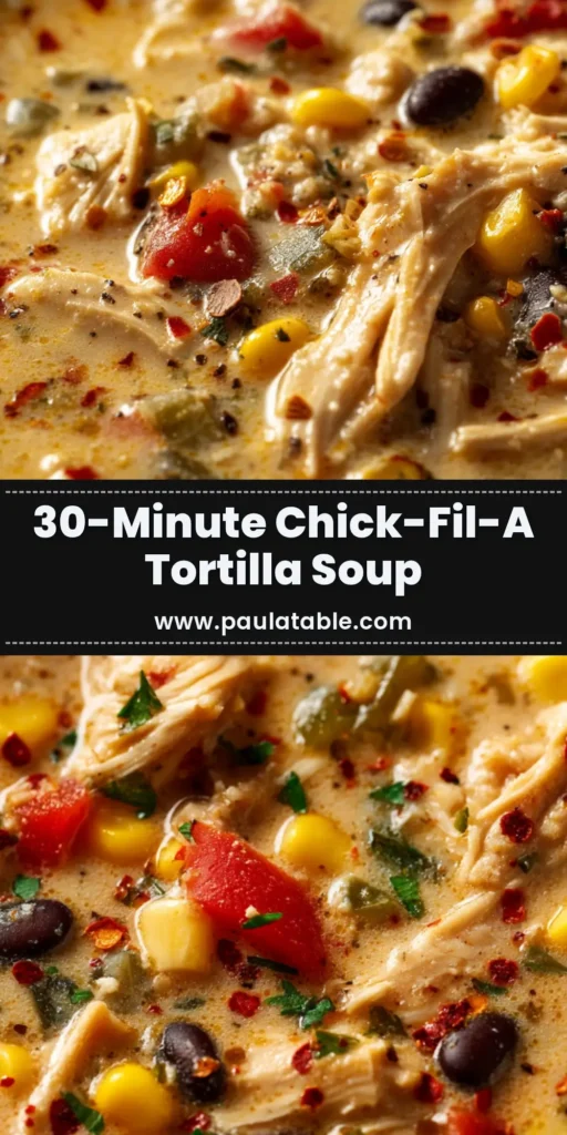 A bowl of copycat Chick Fil A Chicken Tortilla Soup topped with cheese and tortilla strips, with a spoon ready to dig in.