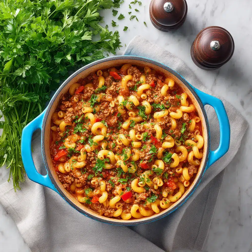 A shot of ground beef and onions browning in a large Dutch oven, the first step in making this savory goulash recipe.