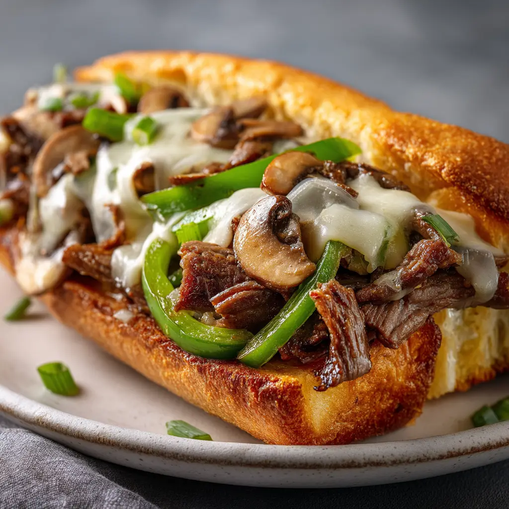 Philly Cheesesteak Recipe (The ONLY Authentic Way) 1 A Philly cheesesteak being assembled on a griddle, with melted cheese dripping over the steak and onions.