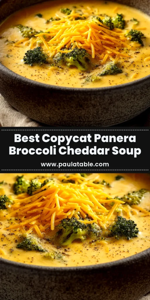 A bowl of creamy copycat Panera broccoli cheddar soup, garnished with extra shredded cheddar cheese. A spoon is resting in the bowl.
