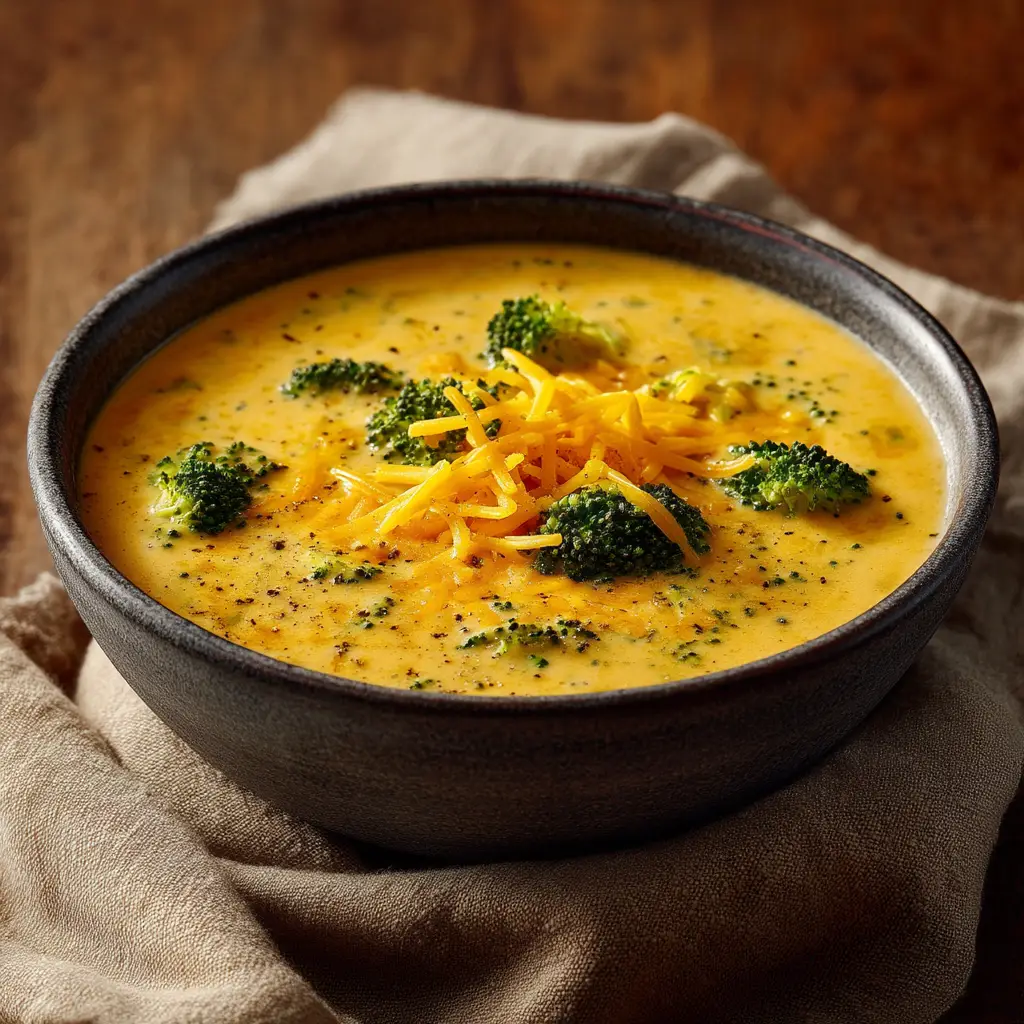 A close-up shot of creamy broccoli cheese soup in a dark bowl, showing the texture of the tender broccoli and melted cheese.