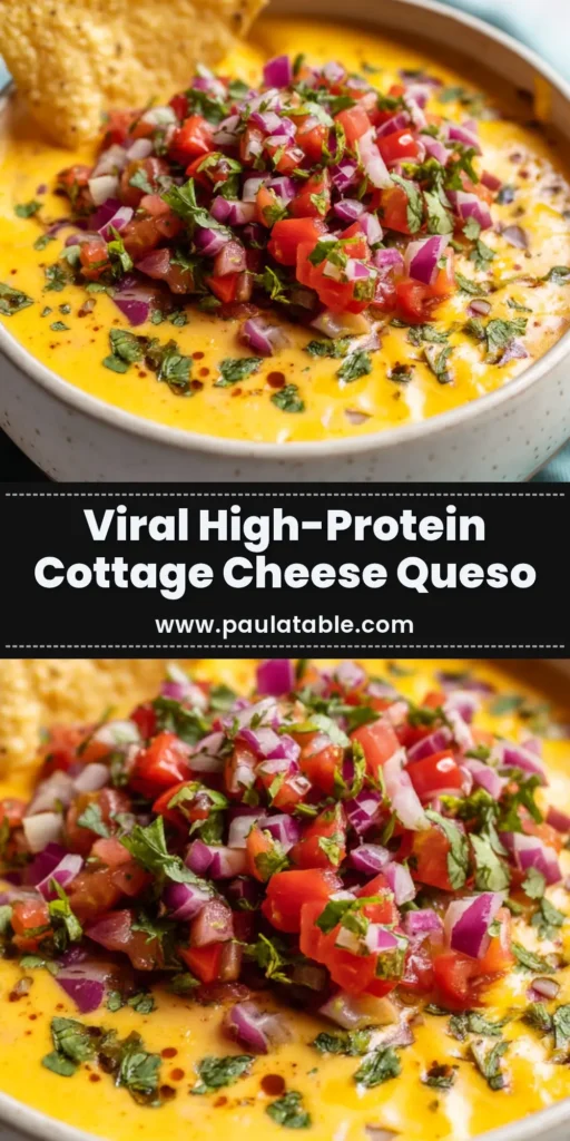 A bowl of creamy, delicious cottage cheese queso, garnished with cilantro. This high-protein dip is perfect for healthy snacking and game day parties.