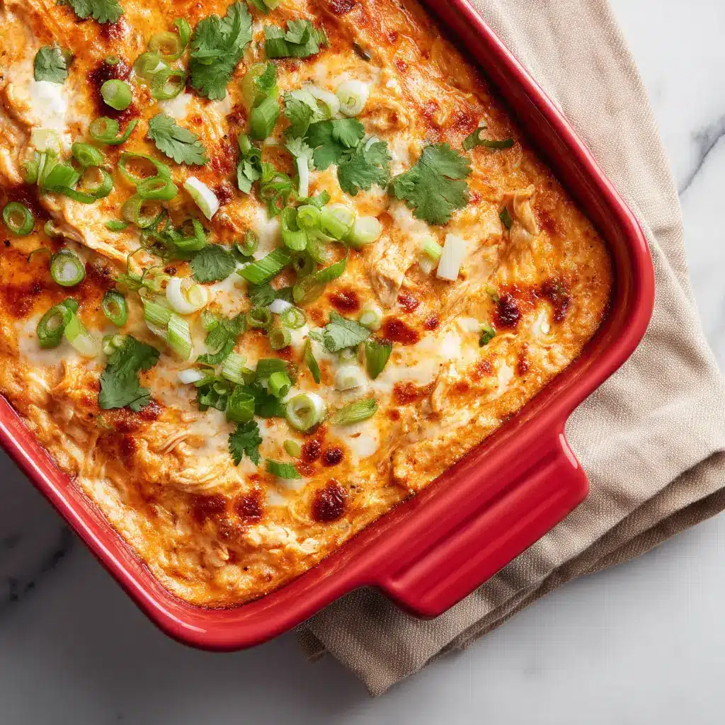 A close-up shot of hot and bubbly dairy free buffalo chicken dip in a baking dish, garnished with fresh green onions.