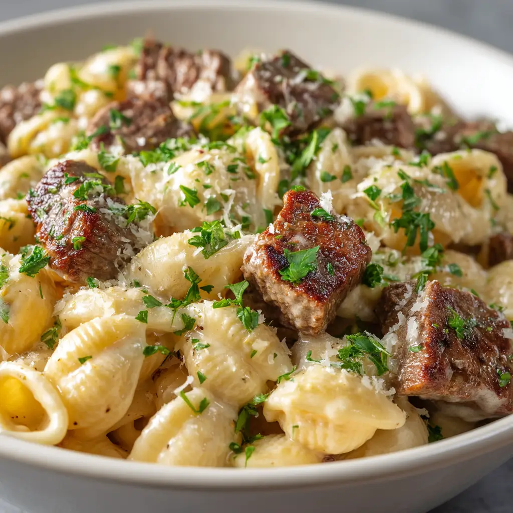 Garlic Butter Steak and Pasta: A Restaurant-Quality Meal at Home 2 A close-up shot of creamy steak pasta, showing the rich texture of the garlic butter sauce clinging to the fettuccine noodles.