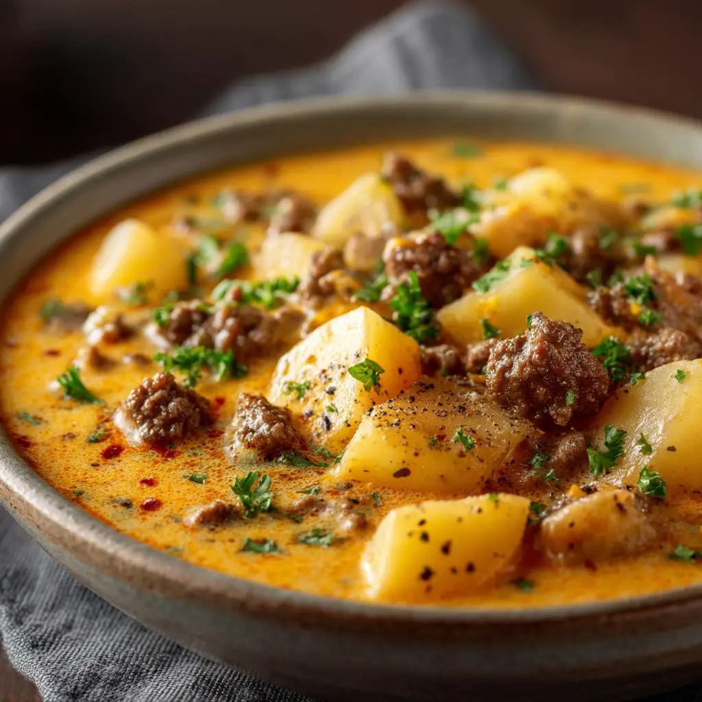 Cheesy Hamburger Potato Soup (The Ultimate Comfort Meal) 2 A close-up shot of creamy ground beef potato soup in a rustic bowl, showing the tender potatoes and savory meat.