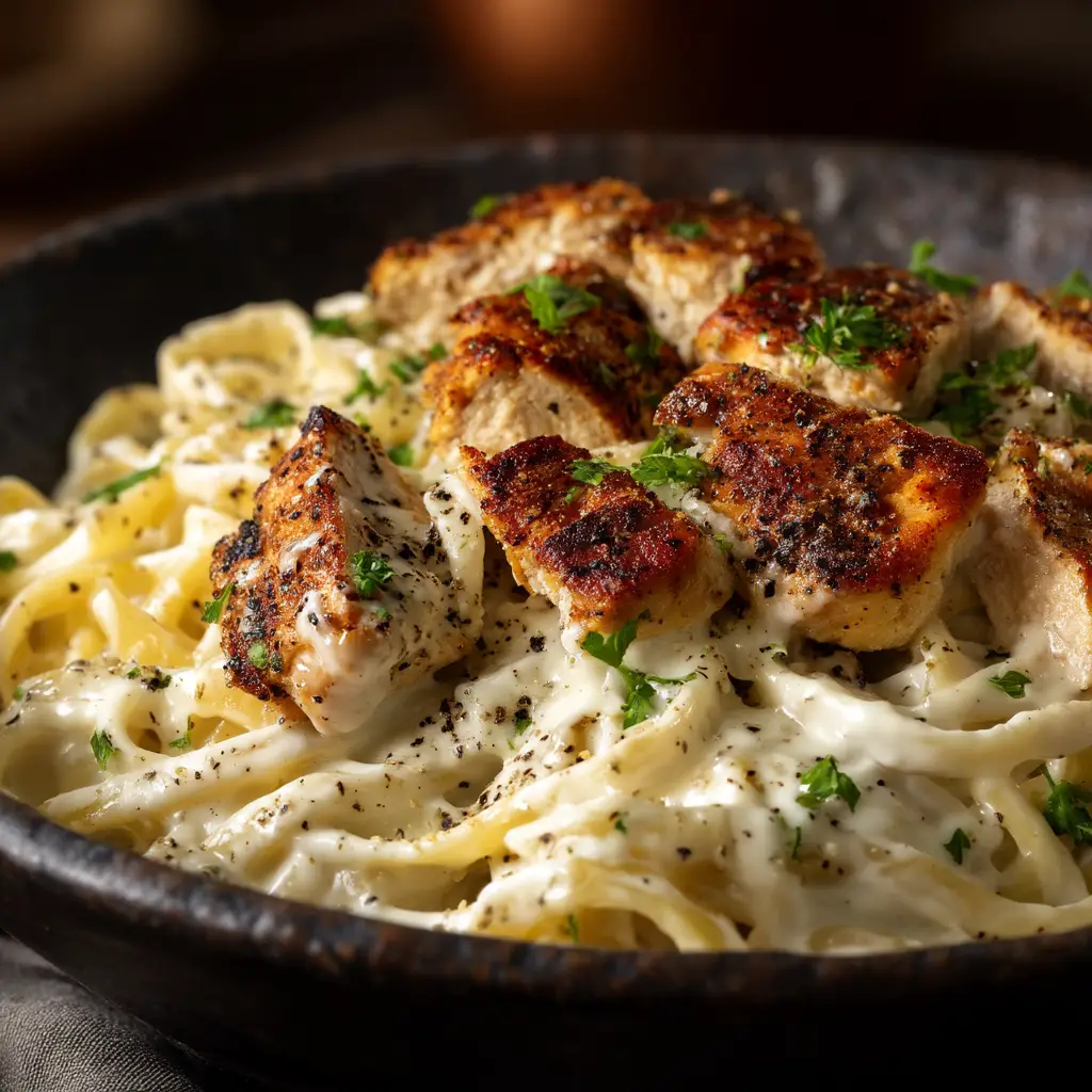 Easy Chicken Alfredo Recipe (The Best Creamy Pasta!) 2 A close-up shot of creamy chicken alfredo pasta being twirled on a fork, showing the texture of the homemade alfredo sauce and tender chicken.