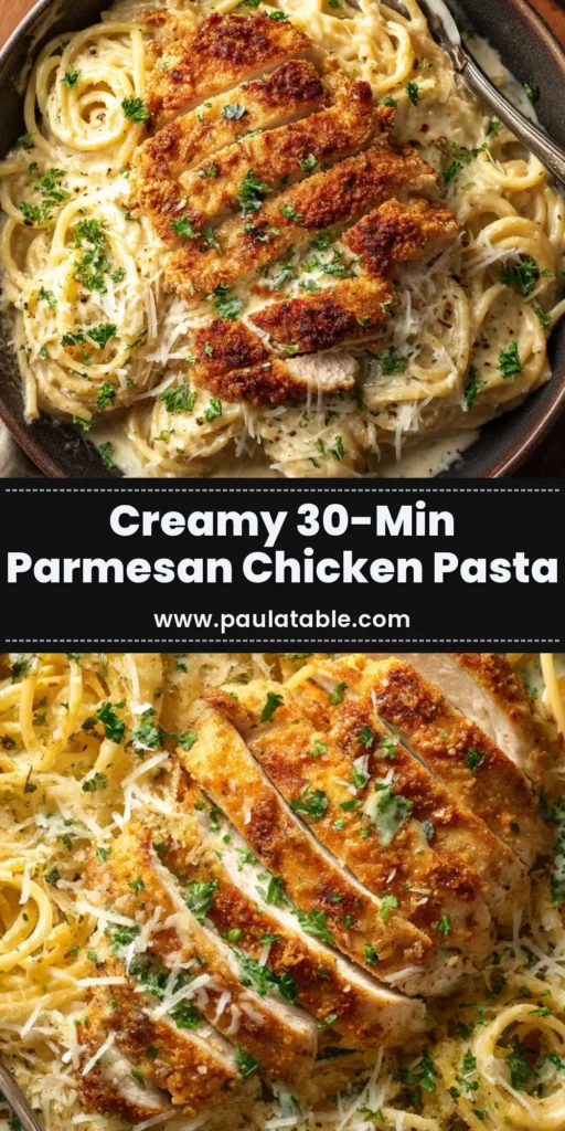 A delicious bowl of creamy Parmesan Chicken Pasta, with crispy sliced chicken breast on top and garnished with fresh parsley. The perfect easy weeknight dinner idea.