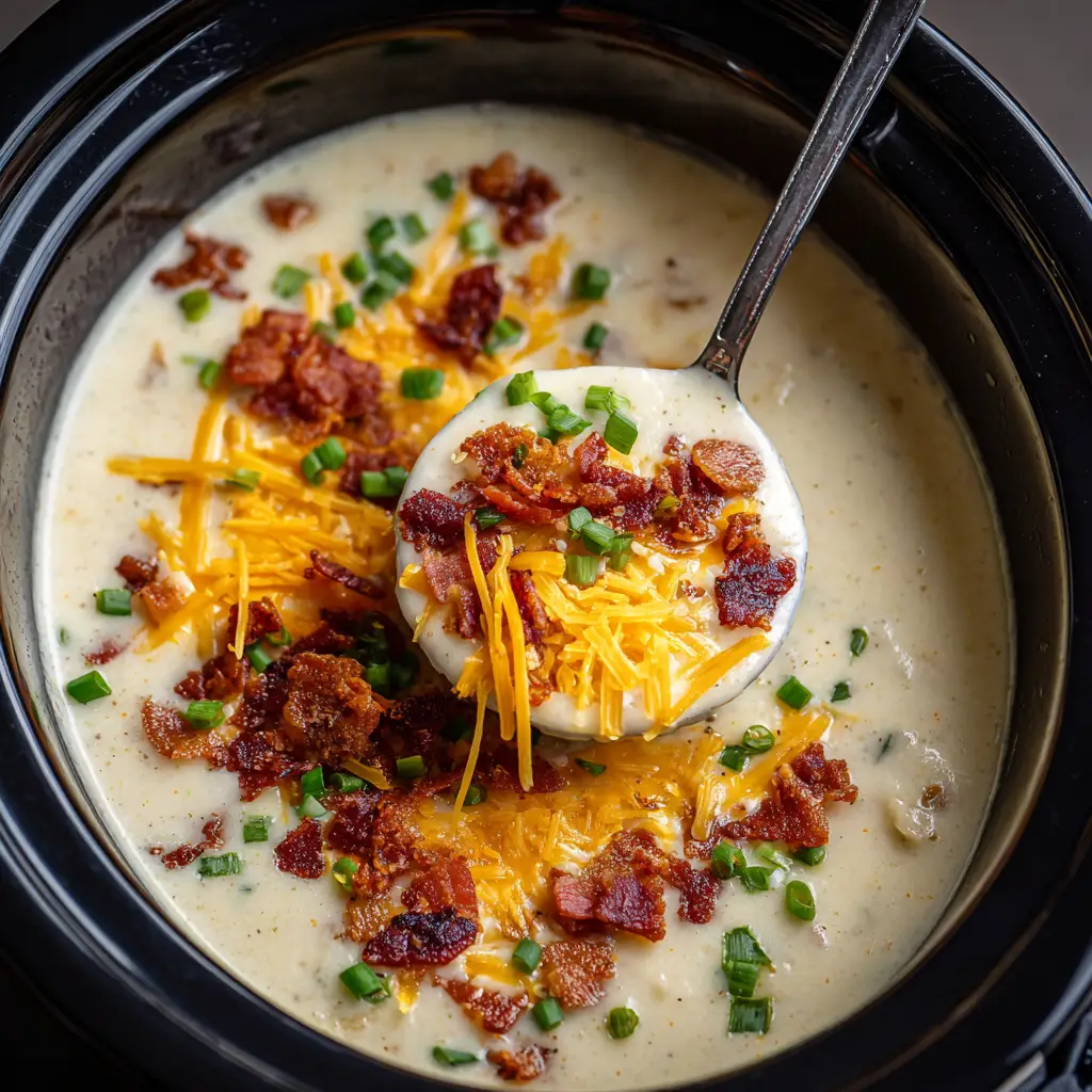 Crock Pot Potato Soup (The Easiest, Creamiest Recipe!) 2 An overhead view of creamy slow cooker potato soup in a rustic bowl, showing the rich texture of the soup before toppings are added.