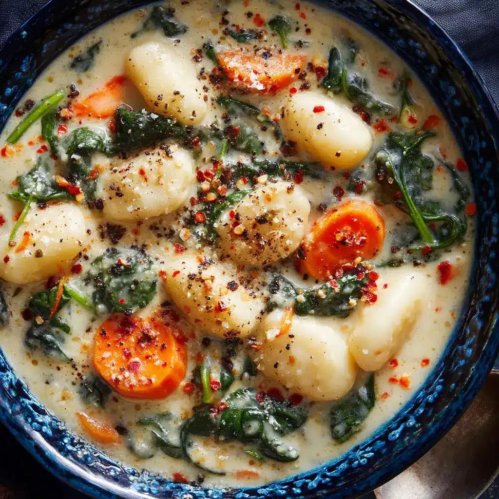 Vegetarian Gnocchi Soup: The Creamiest, Coziest Recipe 1 A spoonful of creamy vegetarian gnocchi soup being lifted from a bowl, showing the rich texture and ingredients like gnocchi and carrots.