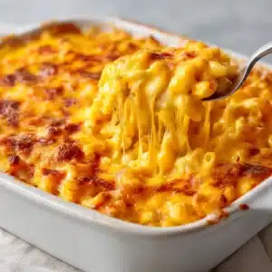 An extreme close-up of stovetop mac and cheese in a pot, showcasing the ultra-creamy Velveeta cheese sauce.