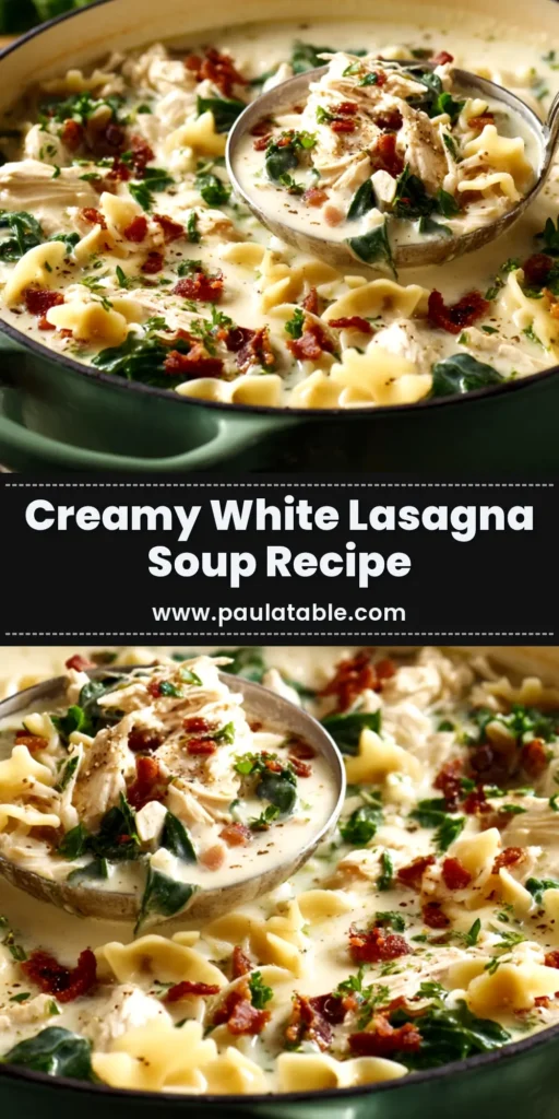A cozy bowl of creamy one-pot white lasagna soup, topped with a dollop of ricotta cheese and fresh parsley, with a spoon ready to eat.