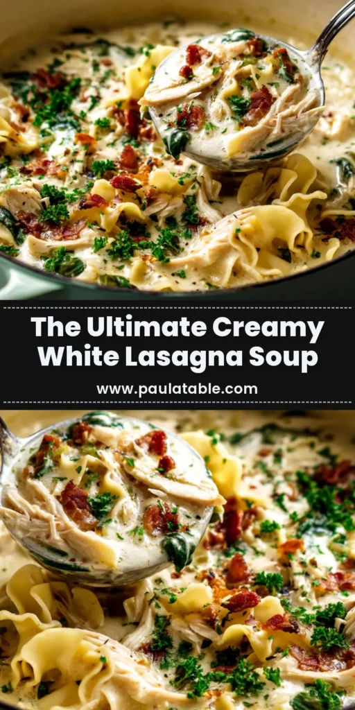 A top-down view of a white bowl filled with Creamy White Lasagna Soup, garnished with fresh basil. The soup is thick and cheesy, with visible pieces of lasagna noodles and chicken.