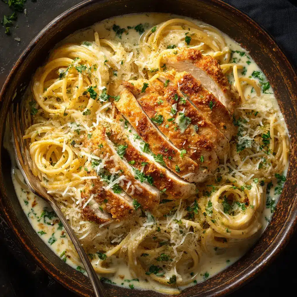 A close-up view of the crispy parmesan crusted chicken, perfectly golden brown and ready to be sliced over a bowl of pasta.