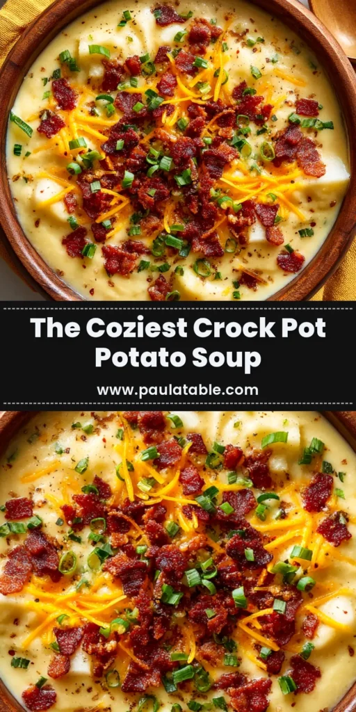A vertical pin image of a bowl of Crock Pot Cheesy Potato Soup, topped with bacon, cheese, and chives. Text overlay reads 'The Easiest, Creamiest Crock Pot Cheesy Potato Soup'.