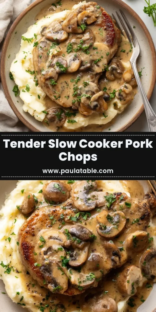 A plate of tender Crock Pot Pork Chops covered in a rich, savory onion gravy, garnished with fresh parsley. The perfect slow cooker dinner.
