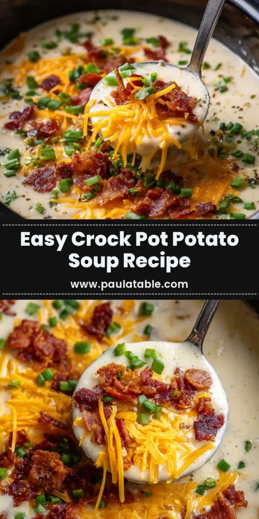Crock Pot Potato Soup (The Easiest, Creamiest Recipe!) 4 A bowl of creamy Crock Pot Potato Soup topped with cheddar cheese, bacon, and chives, with a spoon resting inside. The perfect slow cooker recipe.