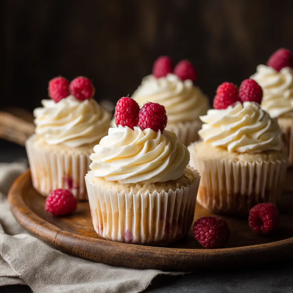 White Chocolate Raspberry Cupcakes (The Perfect Recipe) 1 A close-up overhead shot of multiple finished white chocolate raspberry cupcakes, showing the detail of the piped frosting and fresh raspberry garnish.