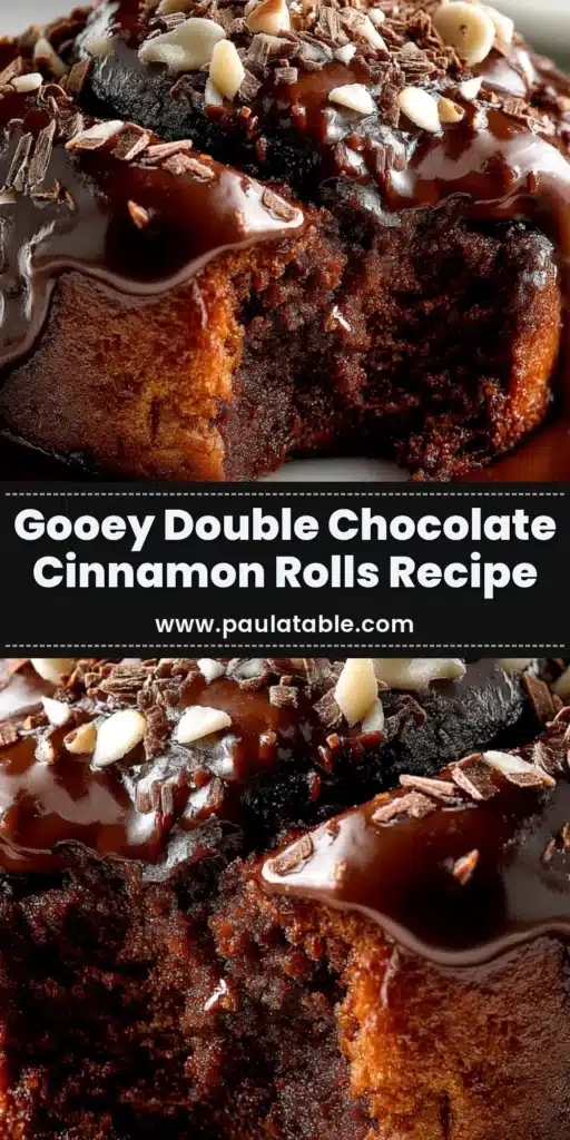 A pan of freshly baked double chocolate cinnamon rolls, generously covered in a rich and creamy chocolate cream cheese frosting.