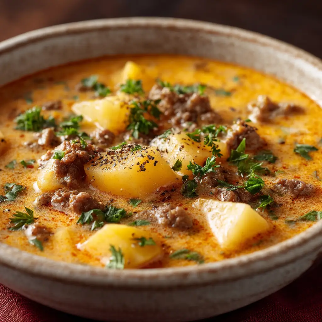 Cheesy Hamburger Potato Soup (The Ultimate Comfort Meal) 1 A spoonful of cheeseburger soup being lifted from a bowl, with melted cheese stretching.