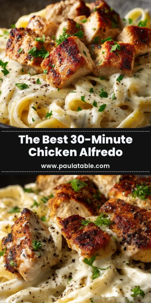 Easy Chicken Alfredo Recipe (The Best Creamy Pasta!) 4 A top-down view of the easy chicken alfredo recipe in a white bowl, garnished with fresh parsley. The creamy sauce coats the fettuccine and sliced chicken.