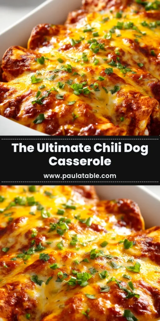 Chili Dog Casserole (The Ultimate Comfort Food Bake) 4 A golden-baked Chili Dog Casserole in a baking dish, showcasing the cheesy crescent roll topping. This image is perfect for a Pinterest pin about this easy family dinner recipe.